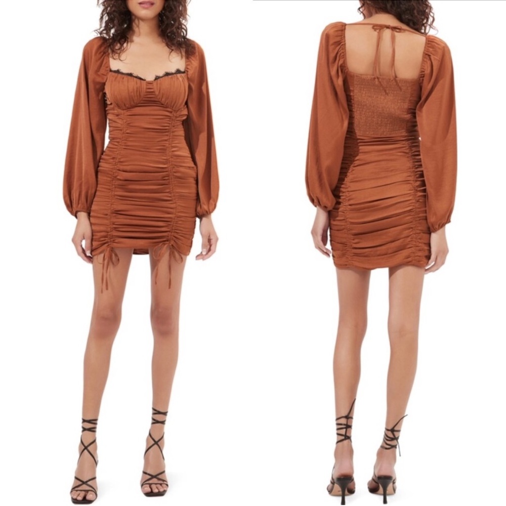 ASTR the Label size XS Bronze Mardi Long Sleeve Ruched Lace trimmed Mini Dress
